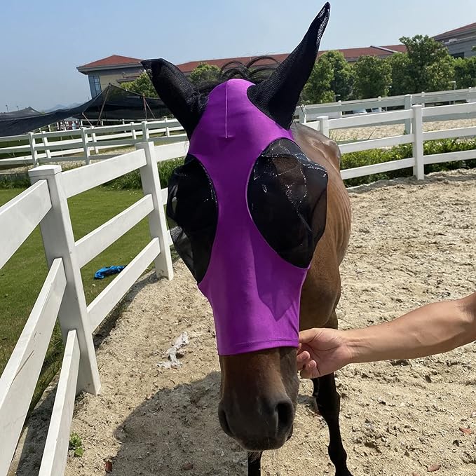 Upgrade Uv Horse Fly Mask with Ears - Equine Sunscreen Lycra Quiet Ride Elasticity Fly Mask with Ear Protection (Purple)