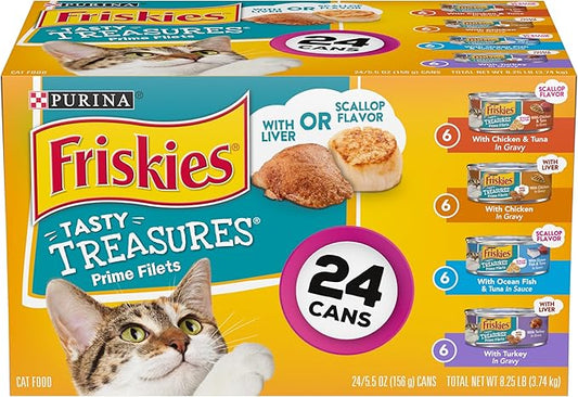 Purina Friskies Gravy Wet Cat Food Variety Pack, Tasty Treasures Prime Filets - (Pack of 24) 5.5 oz. Cans