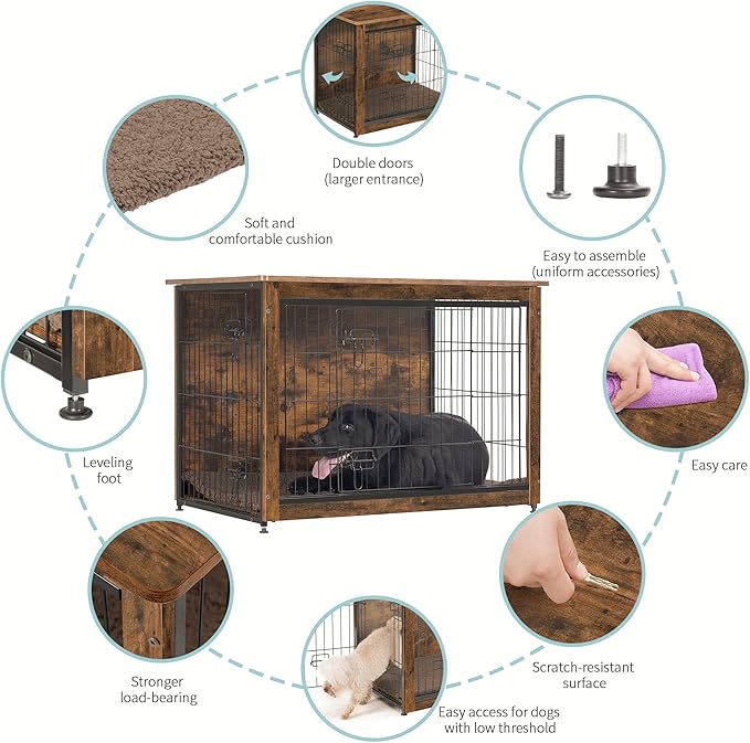 DWANTON Dog Crate Furniture with Cushion, Wooden Dog Crate Table, Double Doors Dog Furniture, Indoor Dog Kennel, Dog House, Dog Cage Large, 38.5" L, Rustic Brown