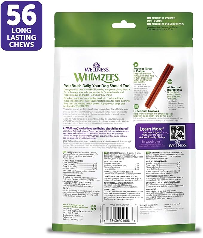 WHIMZEES by Wellness Stix Natural Dental Chews for Dogs, Long Lasting Treats, Grain-Free, Freshens Breath, Extra Small Breed, 56 count