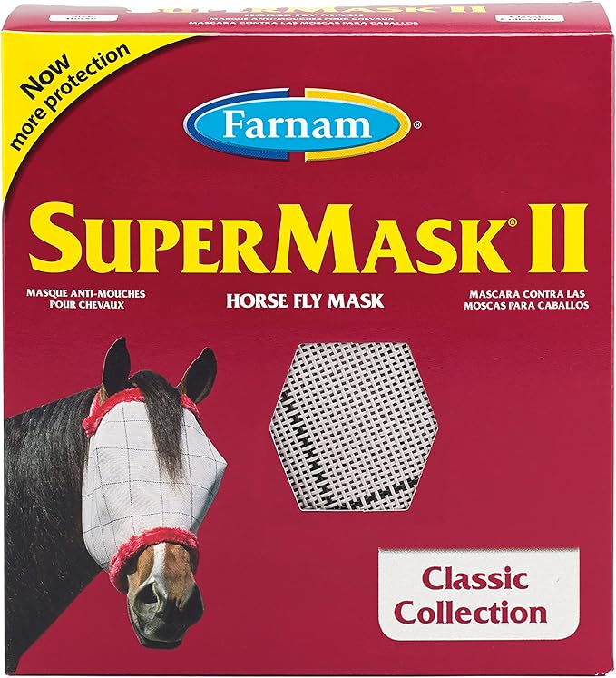 SuperMask II Fly Mask Without Ears for Average Size Horses, Full Face Coverage and Eye Protection from Insect Pests, Structured Classic Styling Mesh with Plush Trim, Horse Size