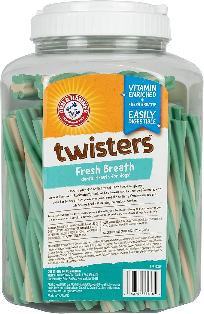 Arm & Hammer for Pets Twisters Fresh Breath Dental Treats for Dogs, Value Pack, 57 Pieces - Dental Dog Chews Fight Bad Doggie Breath, Plaque & Tartar Without Brushing (Pack of 6)