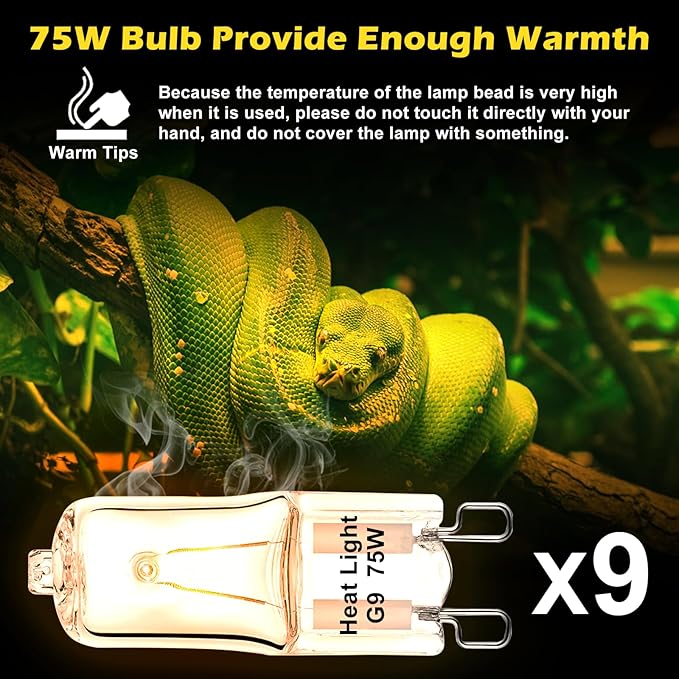 9 Pack Heat Lamp Bulbs for Reptile Dimmable G9 Mini Halogen Bulbs Warm White 75W Essential Heat Source for Bearded Dragon Gecko Turtle Lizard（9Pack）