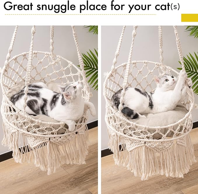 MEWOOFUN Macrame Cat Hammock, Hanging Cat Bed Hammock Cat Swing for Indoor Cats, Boho Cat Swing Bed for Sleeping, Playing, Climbing, and Lounging (Beige)