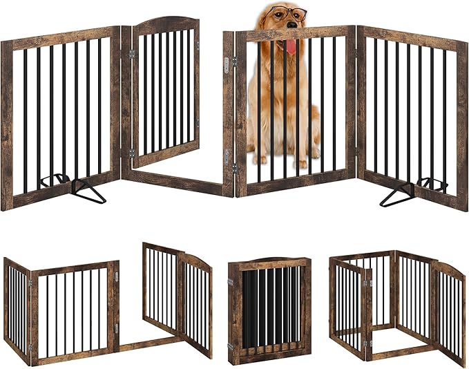 Folding Pet Gate 96" Wide, 30" Tall No-Assembly Wooden Dog Gate with Door Walk Through, Freestanding Pet Gate, Puppy Safety Fence, with 2PCS Support - Rustic Brown