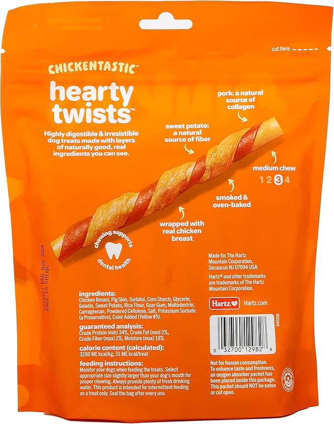 Hartz Oinkies Chickentastic Hearty Twists Dog Treats with Real Chicken Breast, Sweet Potato, and Smoked Pork, Long-Lasting Yet Highly Digestible, 24 Count, 8.00 Ounce (Pack of 1)