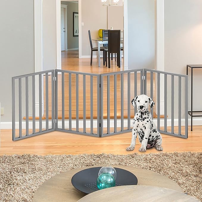 Pet Gate - 4-Panel Indoor Foldable Dog Fence for Stairs, Hallways, or Doorways - 72x24-Inch Retractable Wood Freestanding Dog Gates by PETMAKER (Gray)