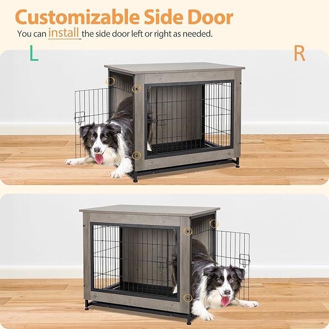 Shintenchi Wooden Dog Crate Furniture for Large Dog, L Double-Door Kennel Indoor with Removable Tray, End Table L Dog Crate for Decoration, 38" L*25" W*26" H, Grey