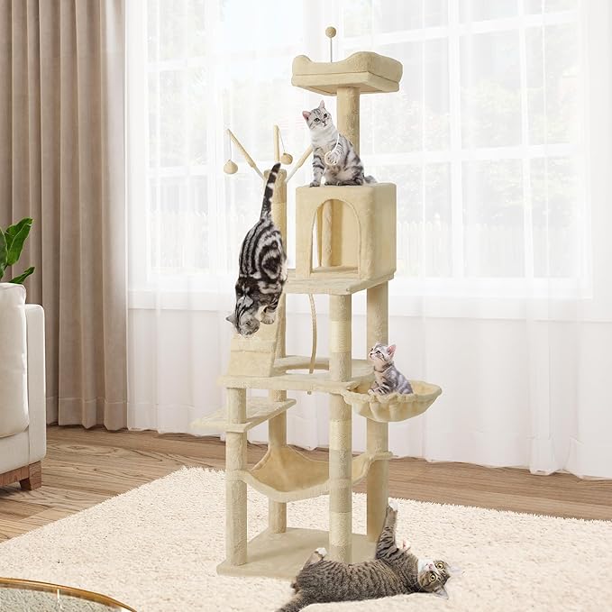 YITAHOME 64.5" Cat Tree, Multi-Level Cat House, Large Cat Condo Furniture with Perch Hammock, Scratching Posts and Dangling Balls for Kittens, Cats and Pets, Beige