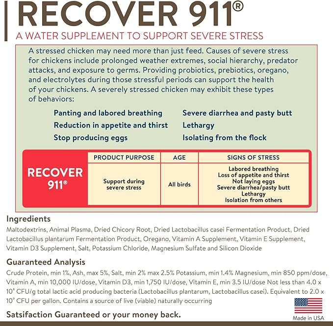 Recover 911, Severe Stress Probiotic Water Supplement for Chickens with Electrolytes, Prebiotics & Oregano, 8 oz