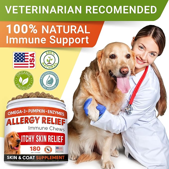 StrellaLab Dog Allergy Relief & Anti Itch Support Chews w/Omega 3: Real Ingredients, Real Taste! Skin & Coat Immune Supplement w/Fish Oil, Pumpkin & Enzymes — Developed by Experts - Made in USA -180Ct