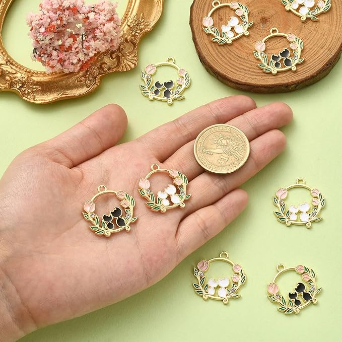 KitBeads 20pcs Cute Cat Charms Mixed Colors Flower Ring Wreath Charms Cartoon Rose Couple Kitten Charms for Jewelry Making Bracelets Bulk