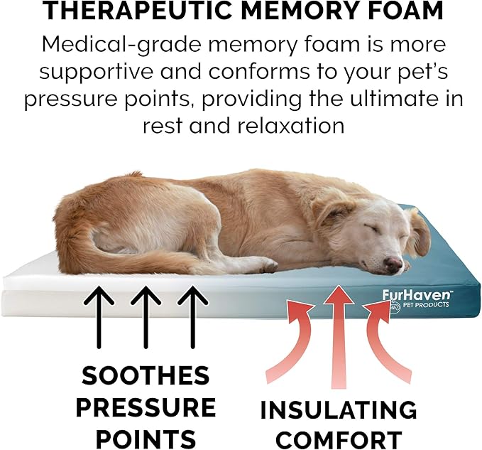 Furhaven Water-Resistant Memory Foam Dog Bed for Large Dogs w/ Removable Washable Cover, For Dogs Up to 95 lbs - Indoor/Outdoor Logo Print Oxford Polycanvas Mattress - Deep Lagoon, Jumbo/XL
