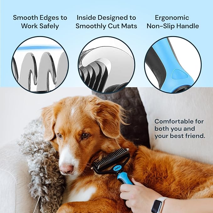 MalsiPree Dog Grooming Brush for Shedding - 2 in 1 Deshedding Tool and Undercoat Rake for Long and Short Haired Dogs with Double Coat - Dematting Comb and Pet Hair Deshedder Supplies (Large, Blue)