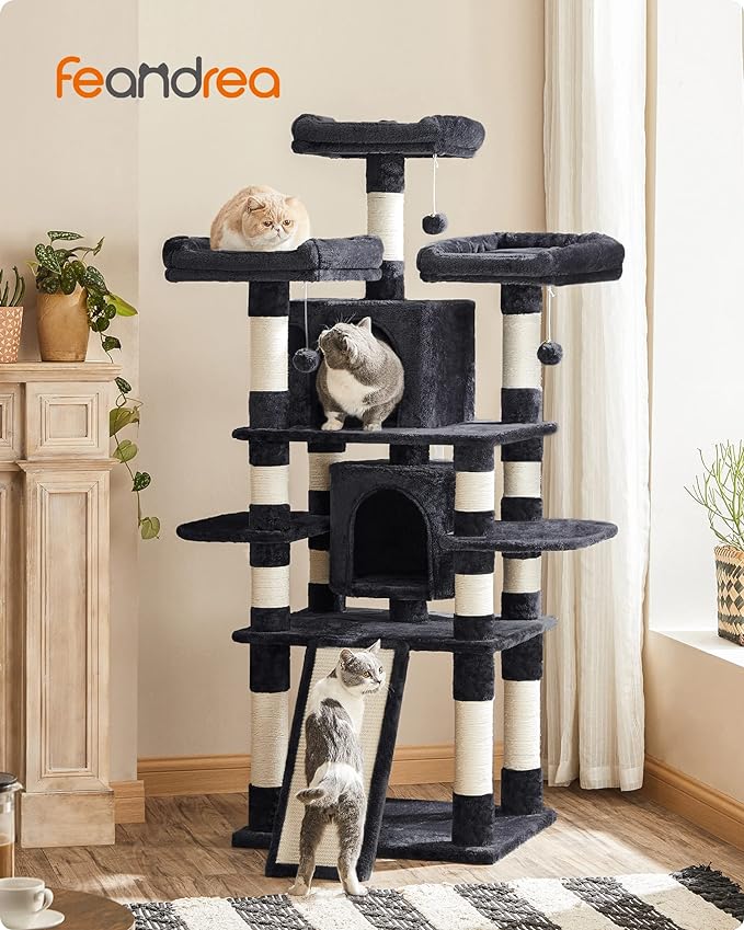 FEANDREA 67-Inch Multi-Level Cat Tree for Large Cats, with Cozy Perches, Stable, Smoky Gray UPCT18G