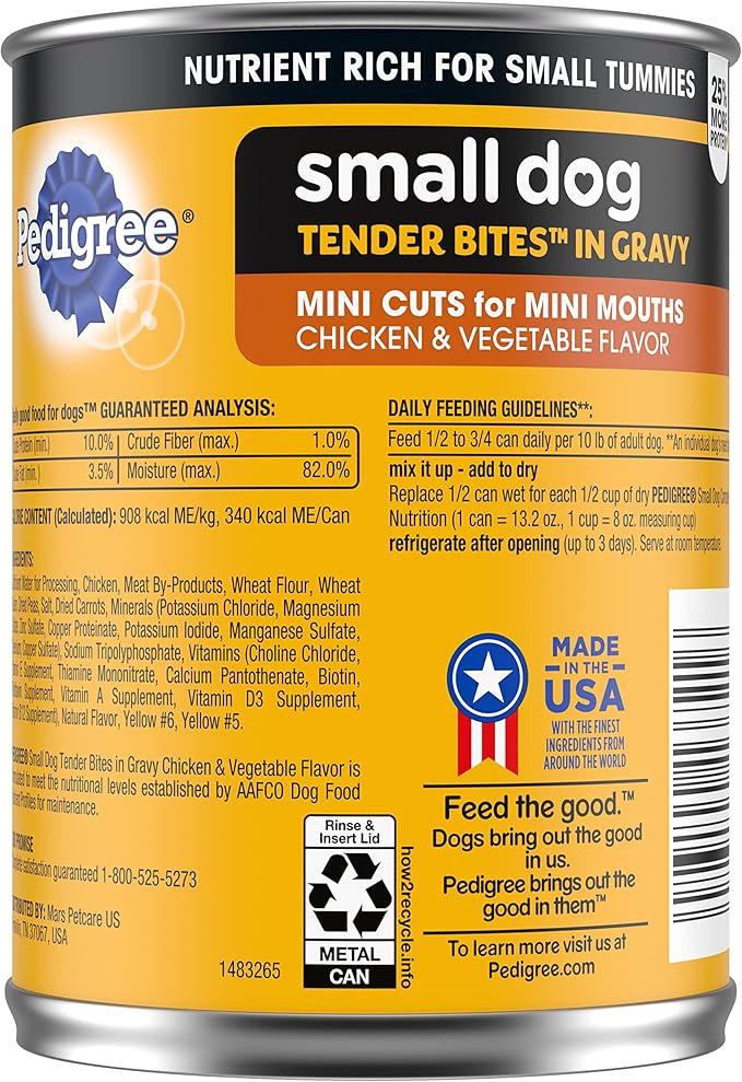 Pedigree Small Dog Tender Bites in Gravy, Chicken & Vegetable Flavor Canned Wet Dog Food, 13.2 oz. Cans (pack of 12)