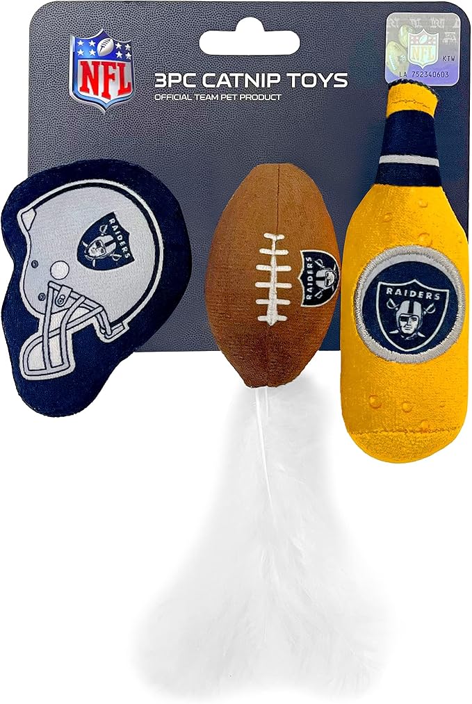 BEST PLUSH CAT TOY - NFL LAS VEGAS RAIDERS Complete Set of 3 piece Cat Toys filled with Fresh Catnip. Includes: 1 Helmet Cat Toy, 1 Football Cat Toy with Feathers & 1 Beer Bottle. Beautiful Team LOGOS