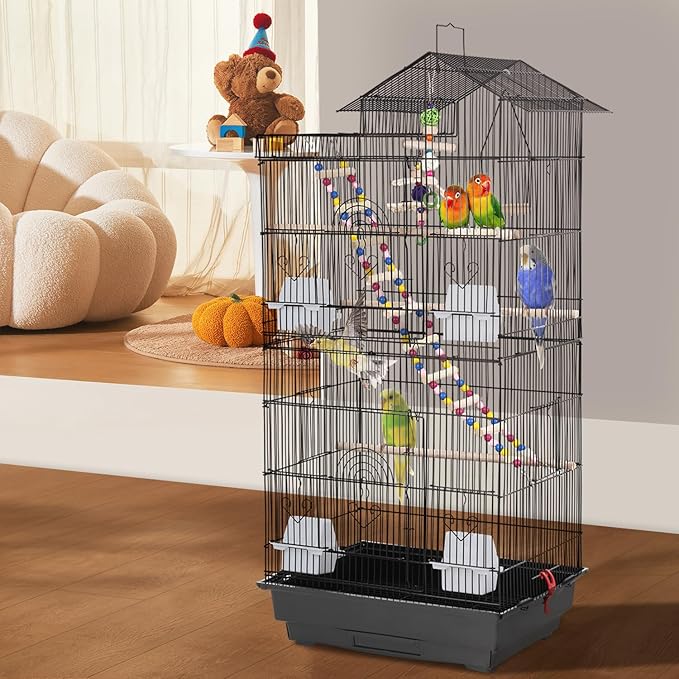 FDW 39 Inch Bird Cage Parakeet Cage with Play Top Rolling Stand & Easy Clean Pull-Out Tray Roof Top Parrot Cage for for Finches Canaries Parakeets Cockatiels & Other Small Birds, Black
