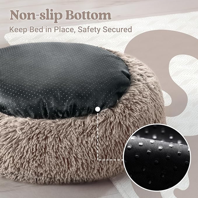 rabbitgoo Cat Beds for Indoor Cats, 20 inches Cat Bed Machine Washable, Fluffy Round Pet Bed Non-Slip, Calming Soft Plush Donut Cuddler Cushion Self Warming for Small Dogs Kittens, Khaki, Medium