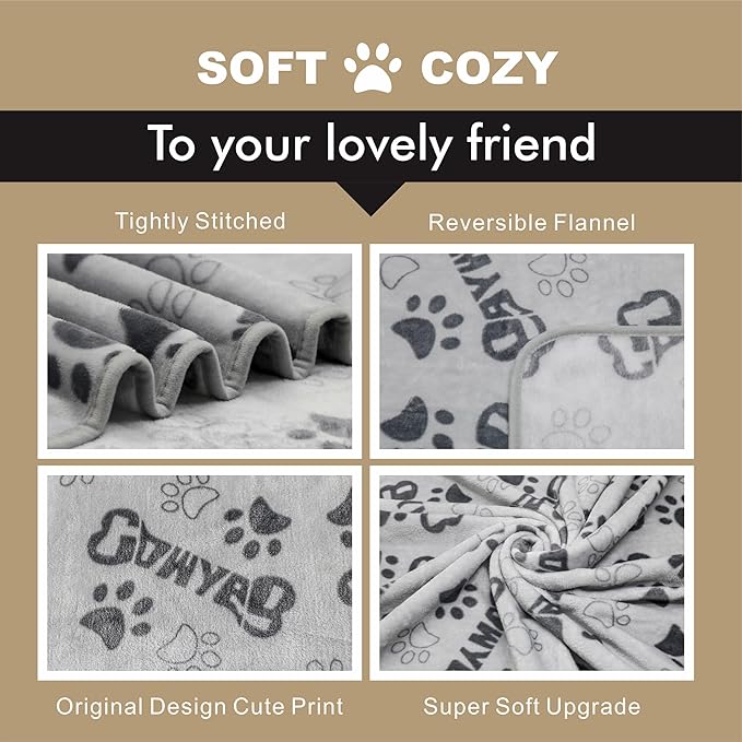 Gowyeg® Large Dog Blanket, Soft Fleece Dog Blankets for Medium Dogs, 60X50 inches Fluffy Flannel Pet Cat Puppy Blanket Mat Cover for Bed Couch,Cute flannel Bones and paw print, Grey