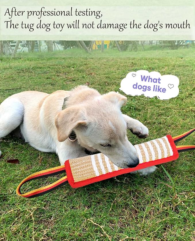 Dog Tug Toy Dog Tough Jute Bite Pillow - Lasting Training Equipment - Two Flag Handles Puppy to Large Dogs Interactive Toy war toys for aggressive chewers.