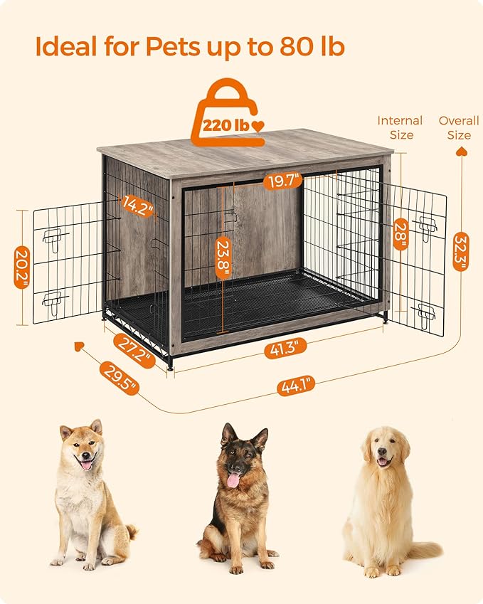 Feandrea Dog Crate Furniture, Side End Table, Modern Kennel for Dogs Indoor up to 80 lb, Heavy-Duty Dog Cage with Multi-Purpose Removable Tray, Double-Door Dog House, Greige UPFC004G01