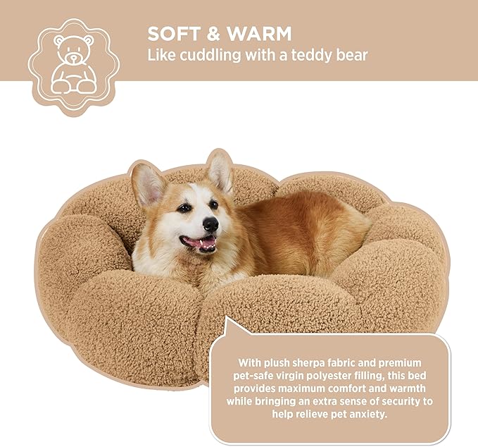Lesure Calming Large Dog Bed - Flower Donut Round Fluffy Puppy Bed in Plush Teddy Sherpa, Non-Slip Cute Flower Dog Beds, Large Pet Bed Fits up to 100 lbs, Machine Washable, Camel 36"