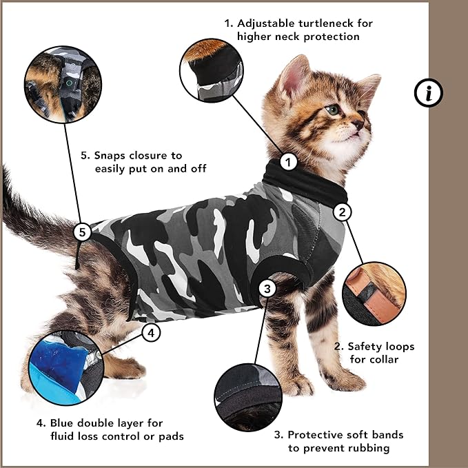 Suitical Recovery Suit for Cats | Spay and Neutering Cat Surgery Recovery Suit for Male or Female | Soft Fabric for Skin Conditions | 2XS | Neck to Tail 13.0” - 16.5” | Black Camouflage