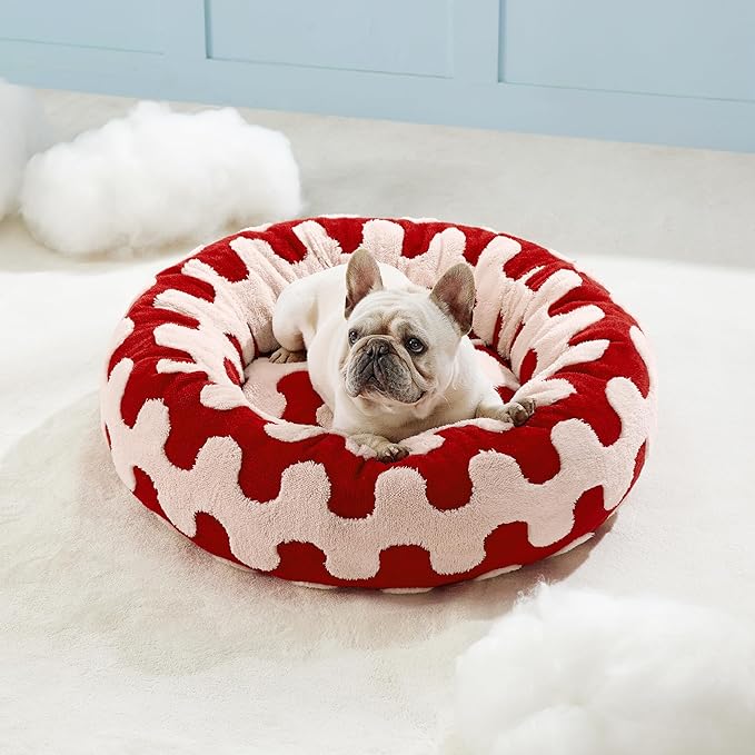 Lesure Donut Small Dog Bed - Round Cat Beds for Indoor Cats Anti-Anxiety Calming Pet Beds, Washable Cute Modern Beds with Teddy Sherpa Plush & Anti Slip Bottom Red