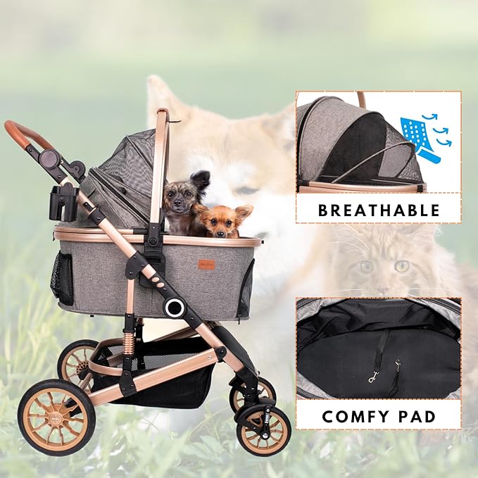 Pet Stroller with 4 Wheels, Foldable Pet Travel Carrier for Small/Medium Dogs Cats up to 50lbs, Detachble Portable Pet Bag, Storage Basket, 3 in 1 Multifunctional