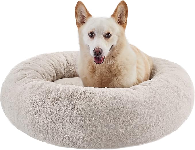 Best Friends by Sheri SnuggleSoft Faux Rabbit Fur Memory Foam Calming Donut Bed for Dogs and Cats, Brown, 30" x 30"
