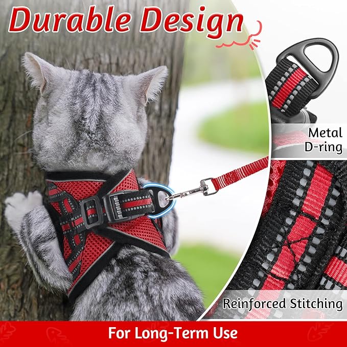 rabbitgoo Cat Harness and Leash Set for Walking Escape Proof, Adjustable Soft Kittens Vest with Reflective Strip for Cats, Comfortable Outdoor Vest, Red, L