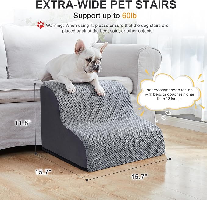 Ryoizen Dog Stairs for Small Dogs, Extra-Wide Dog Steps for Bed Couch up to 14'', High Density Foam Dog Ramp Ladder for Puppy, Cat, Small Pets, 2 Tiers Waterproof Non-Slip Pet Stairs