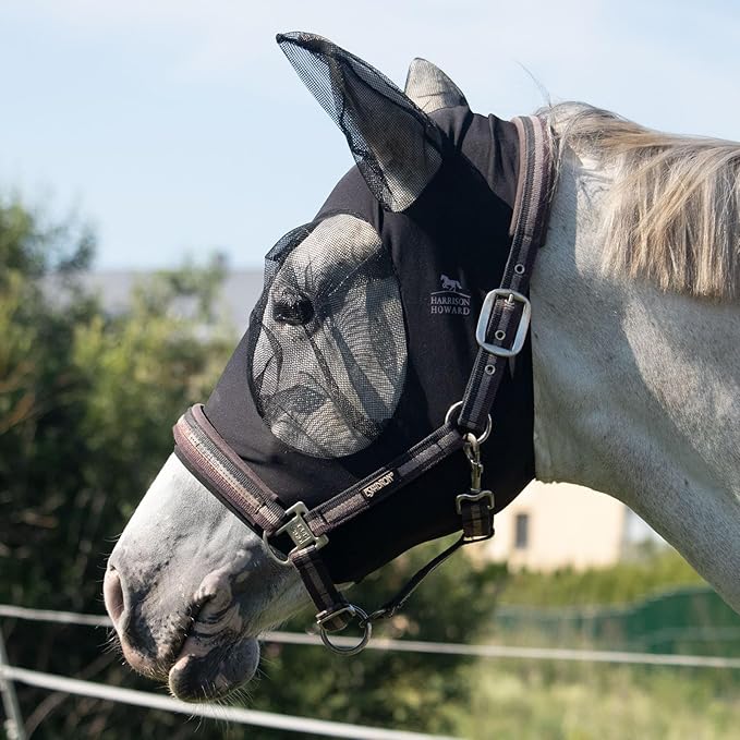 Harrison Howard Super Comfort Stretchy Fly Mask Large Eye Space with UV Protection Soft on Skin with Breathability Piano Black Extra-Full (Extra-Large)