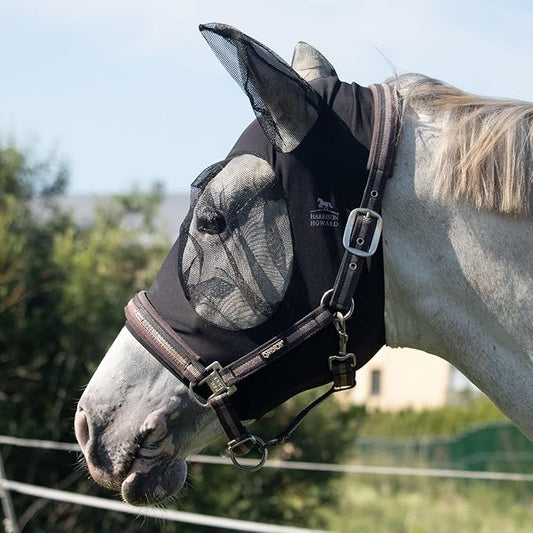 Harrison Howard Super Comfort Stretchy Fly Mask Large Eye Space with UV Protection Soft on Skin with Breathability Piano Black Extra-Full (Extra-Large)