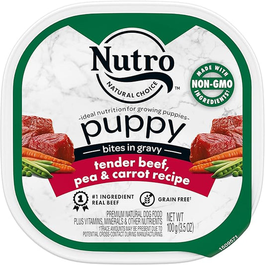 NUTRO PUPPY Grain Free Natural Wet Dog Food Bites in Gravy Tender Beef, Pea & Carrot Recipe, (24) 3.5 oz. Trays