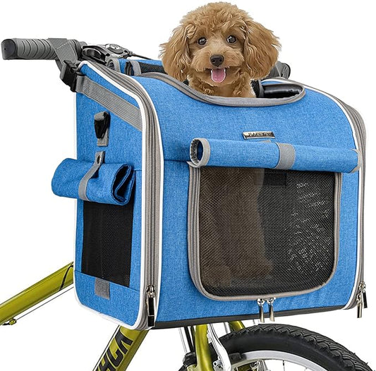 Dog Bike Basket, Expandable Soft-Sided Pet Carrier Backpack with 4 Open Doors, 4 Mesh Windows for Small Dog Cat Puppies - Blue