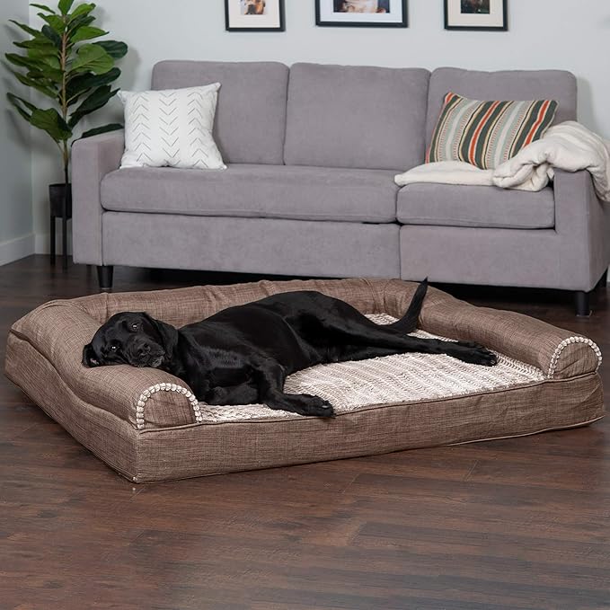 Furhaven Orthopedic Dog Bed for Large Dogs w/ Removable Bolsters & Washable Cover, For Dogs Up to 125 lbs - Luxe Faux Fur & Performance Linen Sofa - Woodsmoke, Jumbo Plus/XXL