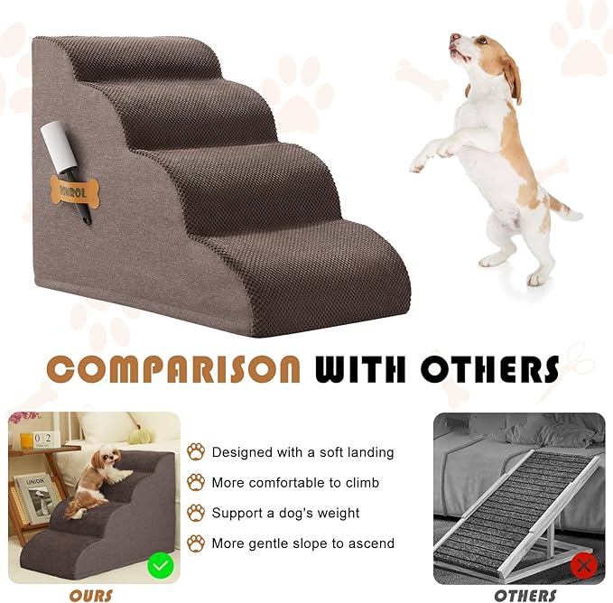 Dog Stairs, Romrol Dog Steps Ramp for High Bed and Couch, Dog Ramp with Durable Non-Slip Waterproof Fabric Cover, Pet Stairs for Small Dogs and Cats or Pets Joints, 4-Tiers,Coffee