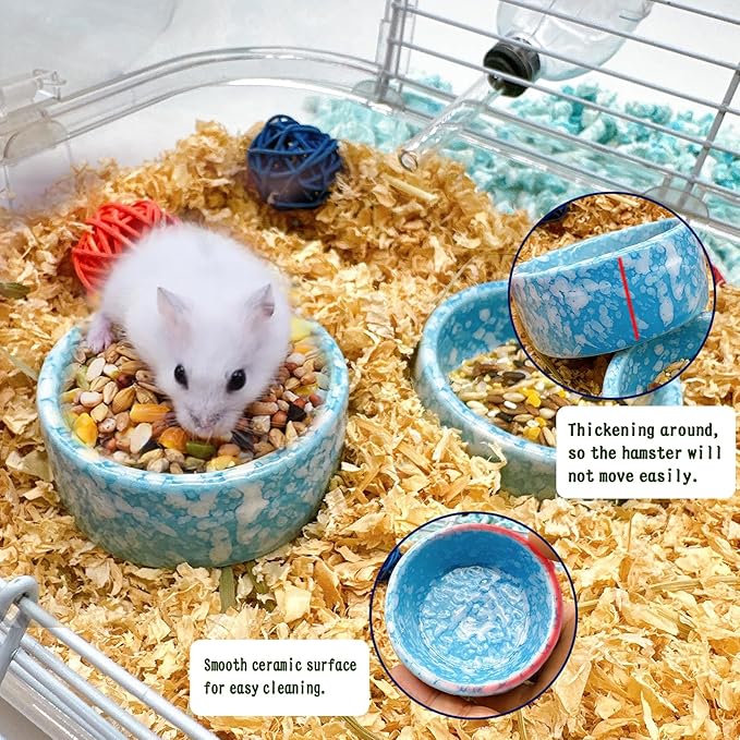 kathson 4 Pcs Hamster Food Bowl Guinea Pig Ceramic Water Bowl Small Animal Feeding Dish for Dwarf Hamster Gerbil Syrian Ferret Hedgehog Chinchilla Bunny (Blue)