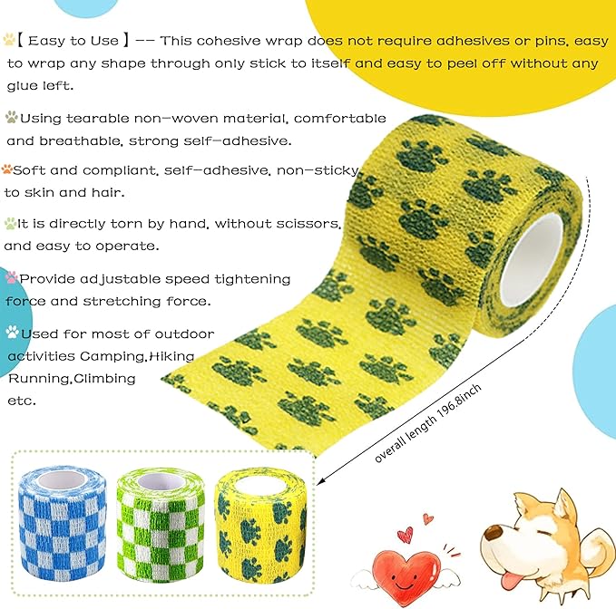 24 Roll Vet Wrap Bandages for Dogs Horses 2 Inch*5Yard Cohesive Medical Tape Self Adhesive Tape Flex Leg Wrap Adherent Non-Woven for Dog Cat Horse Pet Animals