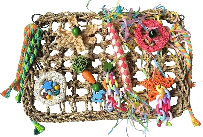 Bird Toys, Bird Foraging Toy, Parrot Toys, Eatable Seaweed Woven Hammock Toys for Parrots, Hanging Budgie Toys with Chewing Toys, Climbing Mat for Lovebirds, Finch, Parakeets Medium/Small Birds