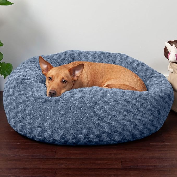 Furhaven 30" Round Donut Dog Bed for Medium/Small Dogs, Refillable w/ Removable Washable Cover, For Dogs Up to 45 lbs - Curly Faux Fur Donut Bed - Fresh Blueberry, Medium