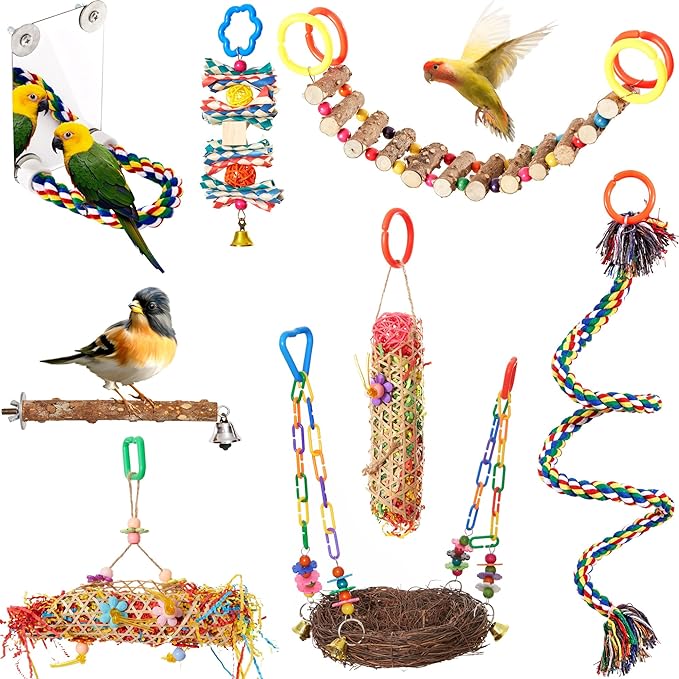 Bird Parakeet Toys 8PCS - Parrot Cage Accessories Chewing Stuff, Natural Woven Climbing Perch Nest, Chewing Toys for Budgerigars, Conure, Cockatiel, Finch, Lovebirds, and Medium, Small Birds