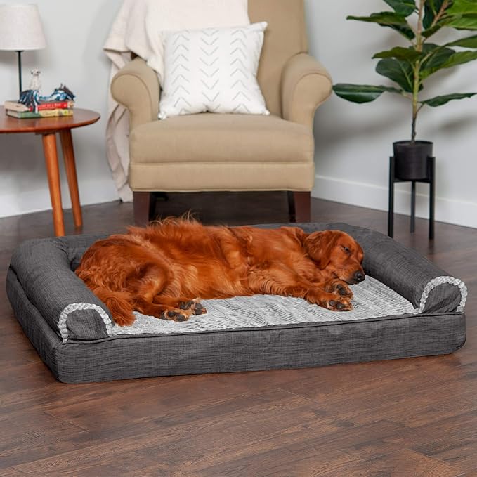 Furhaven Memory Foam Dog Bed for Large Dogs w/ Removable Bolsters & Washable Cover, For Dogs Up to 95 lbs - Luxe Faux Fur & Performance Linen Sofa - Charcoal, Jumbo/XL