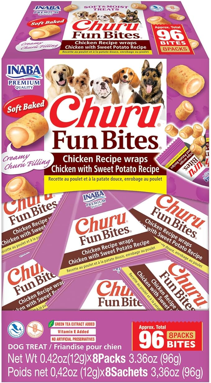 INABA Churu Fun Bites for Dogs, Soft & Chewy Baked Chicken Wrapped Filled Dog Treats with Vitamin E, 0.42 Ounces per Tetra, 8 Tetras per Box, Chicken with Sweet Potato Recipe