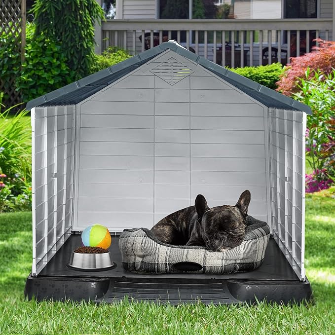 YITAHOME 34.5'' Large Plastic Dog House Outdoor Indoor Doghouse Puppy Shelter Water Resistant Easy Assembly Sturdy Dog Kennel with Air Vents and Elevated Floor (34.5''L*31''W*32''H, Gray)