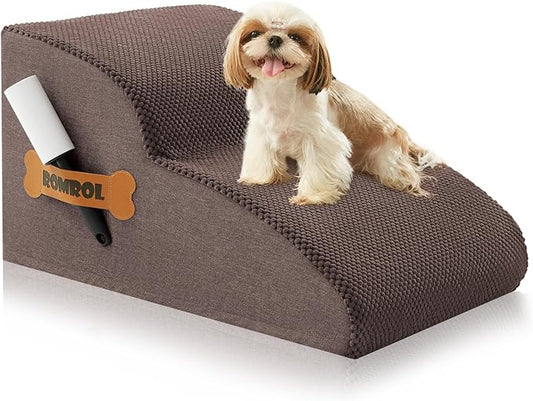 High Density Foam Dog Stairs Ramp for Beds Couches, Romrol Pet Steps with Durable Non-Slip Waterproof Fabric Cover, Dog Slope Stairs Friendly to Small Dogs and Cats or Pets Joints, 2-Tiers, Coffee