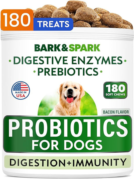 Bark&Spark Dog Probiotics & Digestive Enzymes (Gut Health) Allergy & Itchy Skin - Pet Diarrhea Gas Treatment Upset Stomach Relief Pill, Digestion Health Prebiotic Supplement Tummy Treat (180Ct Bacon)