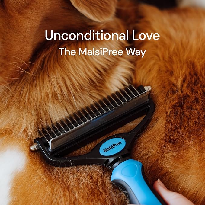 MalsiPree Dog Grooming Brush for Shedding - 2 in 1 Deshedding Tool and Undercoat Rake for Long and Short Haired Dogs with Double Coat - Dematting Comb and Pet Hair Deshedder Supplies (Large, Blue)